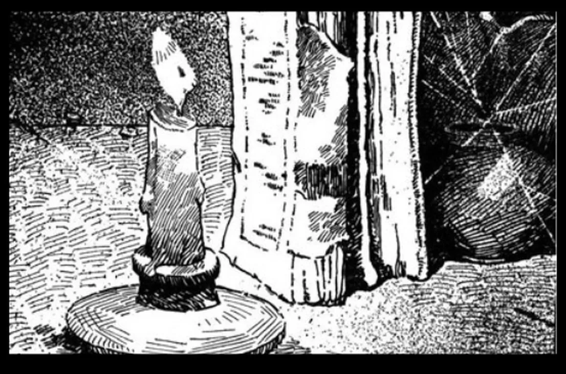 Pen-and-ink cover illustration of a candle for Candle-abra by Kostya Kimlat